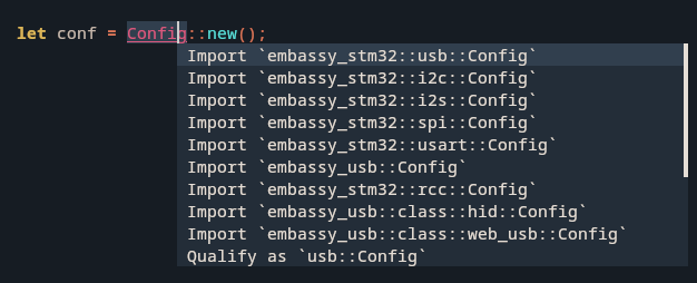 a text editor, in which I have typed a line using the undeclared name 'Config', and rust-analyzer has suggested nine possible Configs I could import